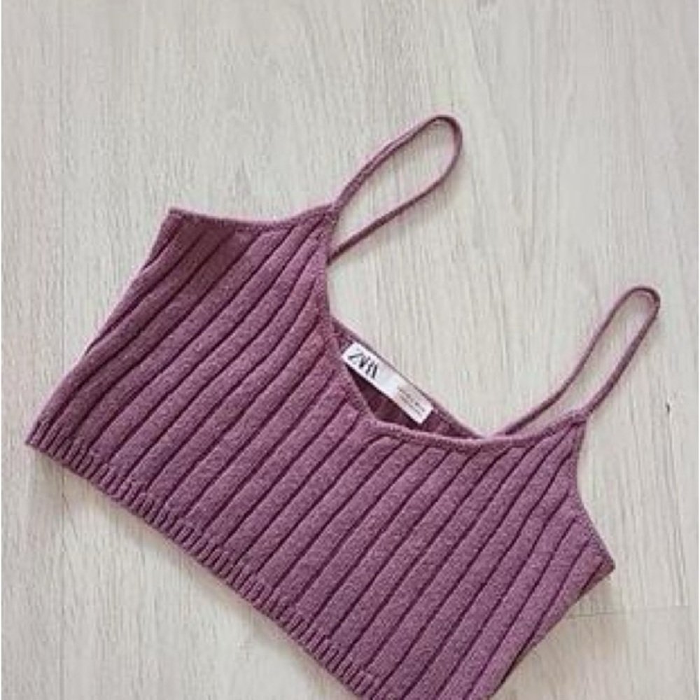 Zara Mauve Ribbed Knit Spaghetti Strap Crop Top small